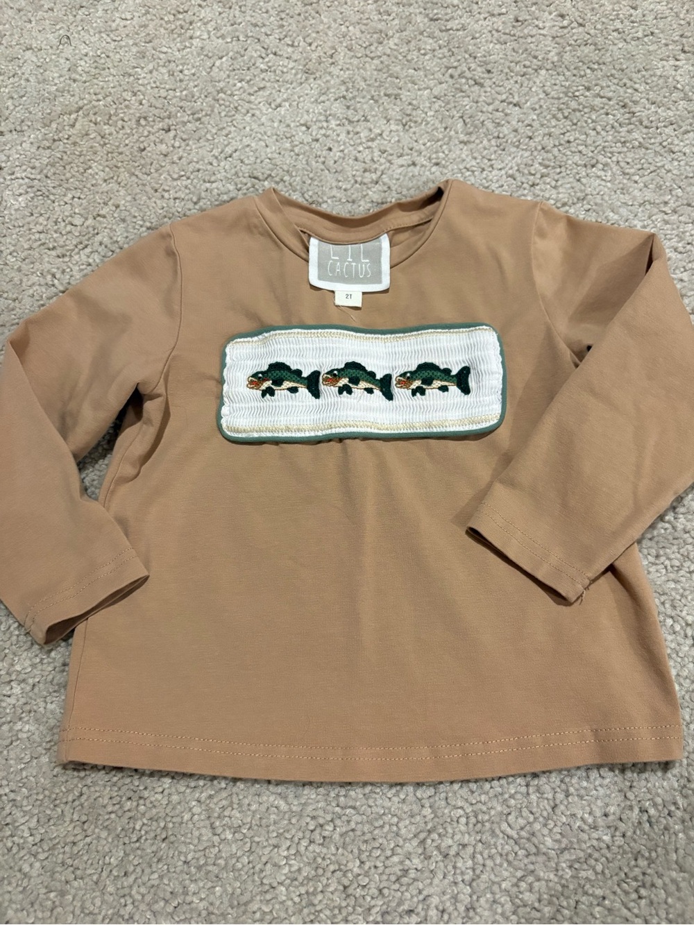 Lol Cactus Tan Long Sleeve Shirt with Fish Smocking